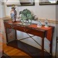 F04. Ethan Allen mahogany console table with drawer. 31"h x 56"w x 17"d 